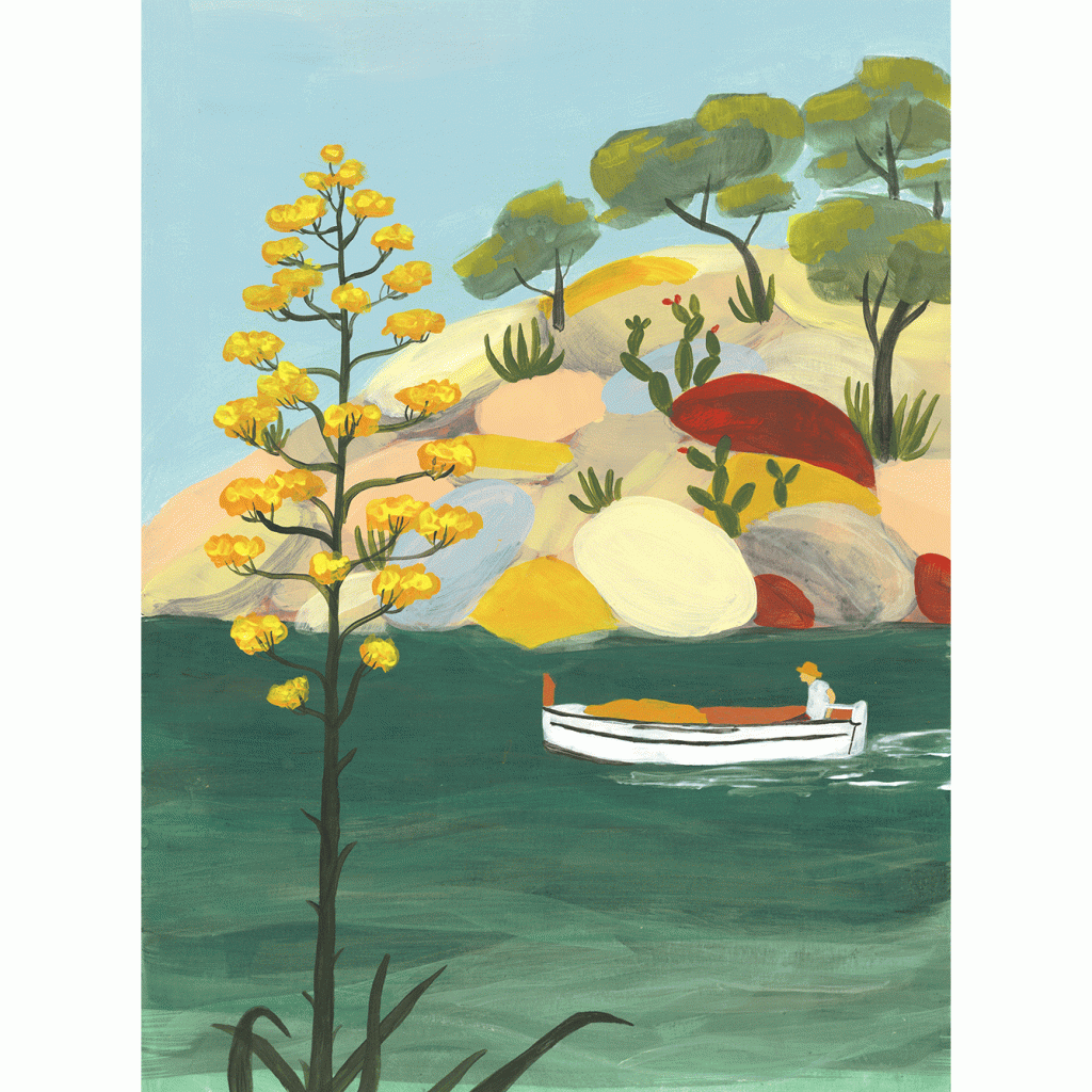 Lámina Decorativa Cove With Boatman de la ilustradora Olga Molina